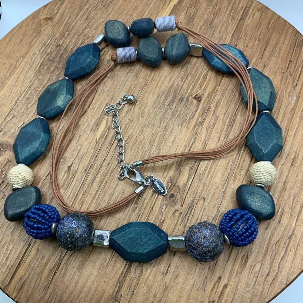 Chico's Artisan Boho Mixed Media Wooden Beaded Multi Leather Cord Necklace